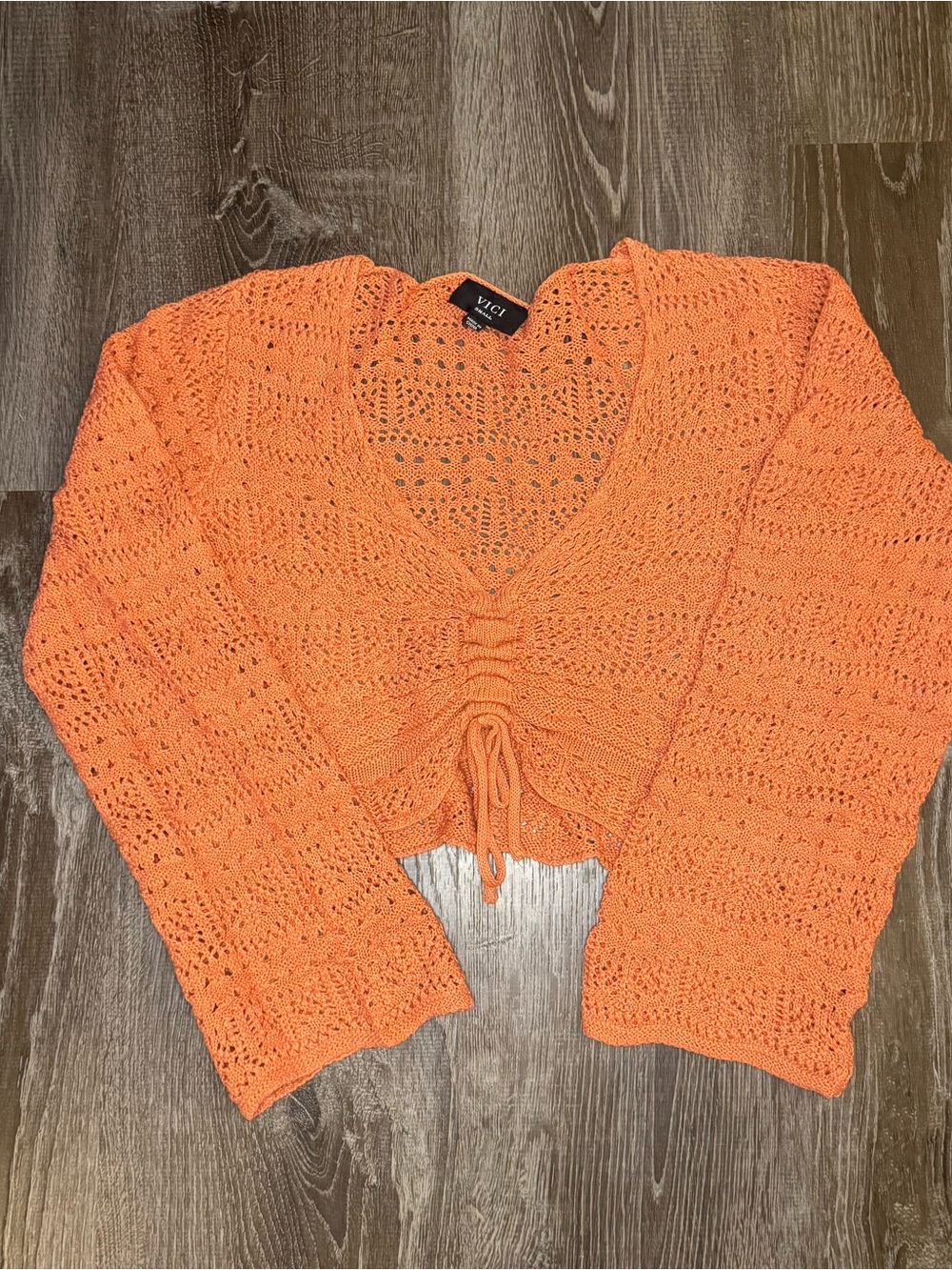 Vici Bright Orange Crochet Drawstring Crop V-neck Sweater